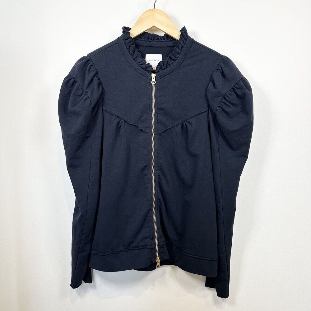 Sundays Jacket Women’s Size 3 Navy Blue Zip Up Sweatshirt Ruffled Lightweight